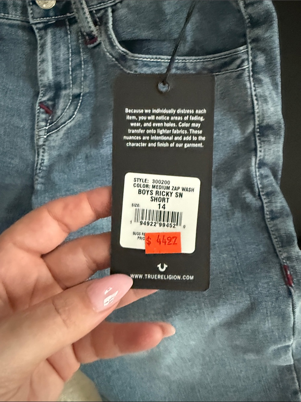 True Religion Mid Blue Ricky Denim Shorts with Red Stitching - Picture 2 of 3